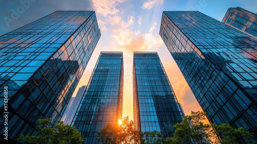 Colorful modern buildings with vibrant facades under a blue sky in an urban s...