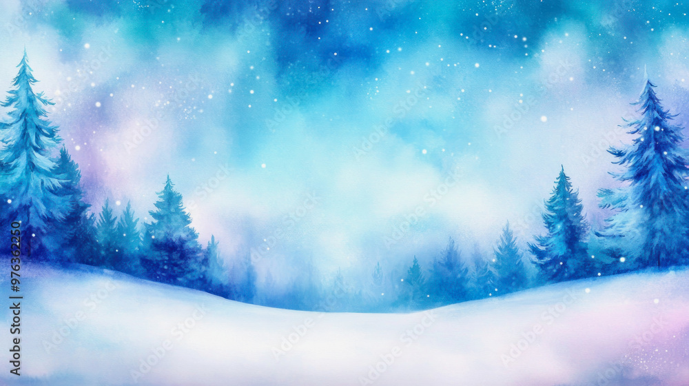 watercolor christmas illustration with blue christmas trees in a winter landscape, copyspace watercolor christmas illustration with blue christmas trees in a winter landscape, copyspace