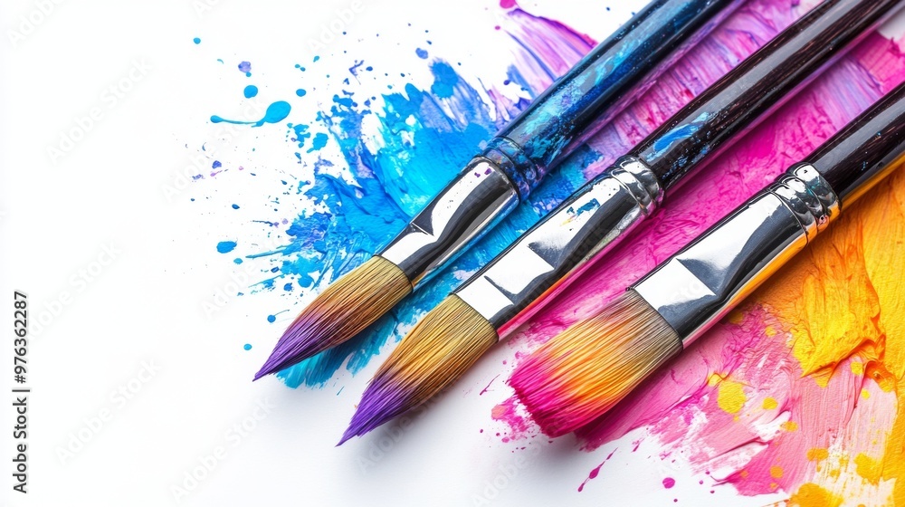 Vibrant Paintbrushes with Colorful Paints in Artistic Splashes Vibrant Paintbrushes with Colorful Paints in Artistic Splashes