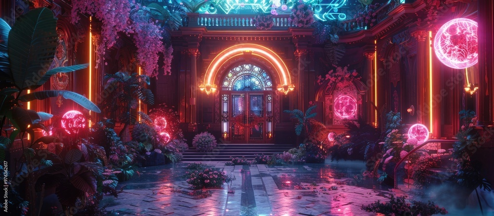 Surreal fantasy palace garden scene at twilight with vibrant neon lights enchanting archway and captivating reflection in the water A visually stunning imaginative and otherworldly environment Surreal fantasy palace garden scene at twilight with vibrant neon lights enchanting archway and captivating reflection in the water A visually stunning imaginative and otherworldly environment