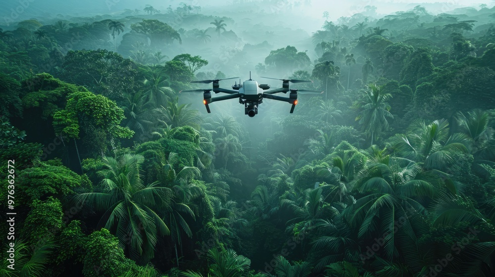 Fototapeta premium Aerial drone hovering above the dense lush canopy of a remote tropical jungle or rainforest The drone s captures the intricate verdant foliage and misty