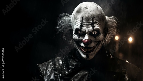 creepy scary Halloween clown with Evil Smile on a dark background. Nightmare Clown. 