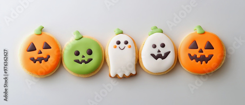 row of funny decorated halloween cookies with orange, white and green icing photo