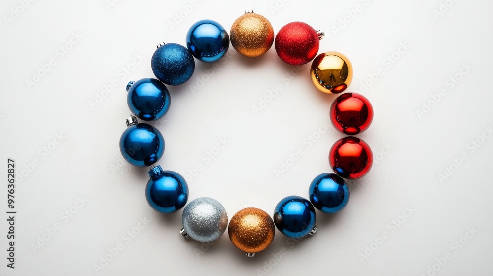Colorful holiday wreath with blue, red, and gold ornaments on a light background for winter decor Colorful holiday wreath with blue, red, and gold ornaments on a light background for winter decor