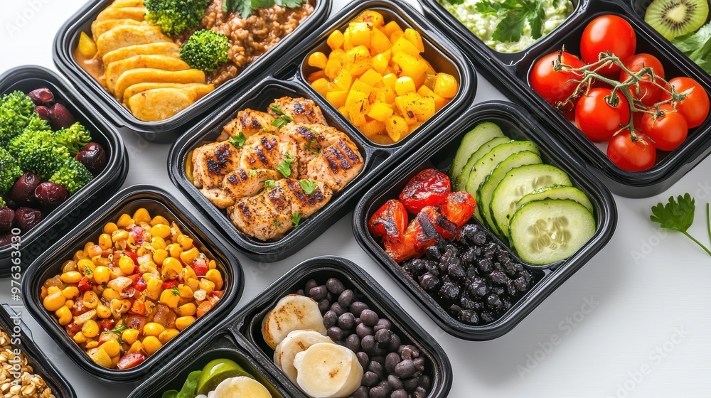 Colorful selection of meal prep containers filled with fresh vegetables and protein options Colorful selection of meal prep containers filled with fresh vegetables and protein options