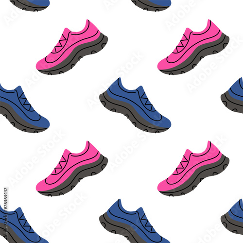 Colorful running shoes pattern with pink and blue designs on a clean white background