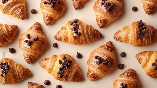 Freshly baked chocolate-filled croissants on a warm beige background showcasi...