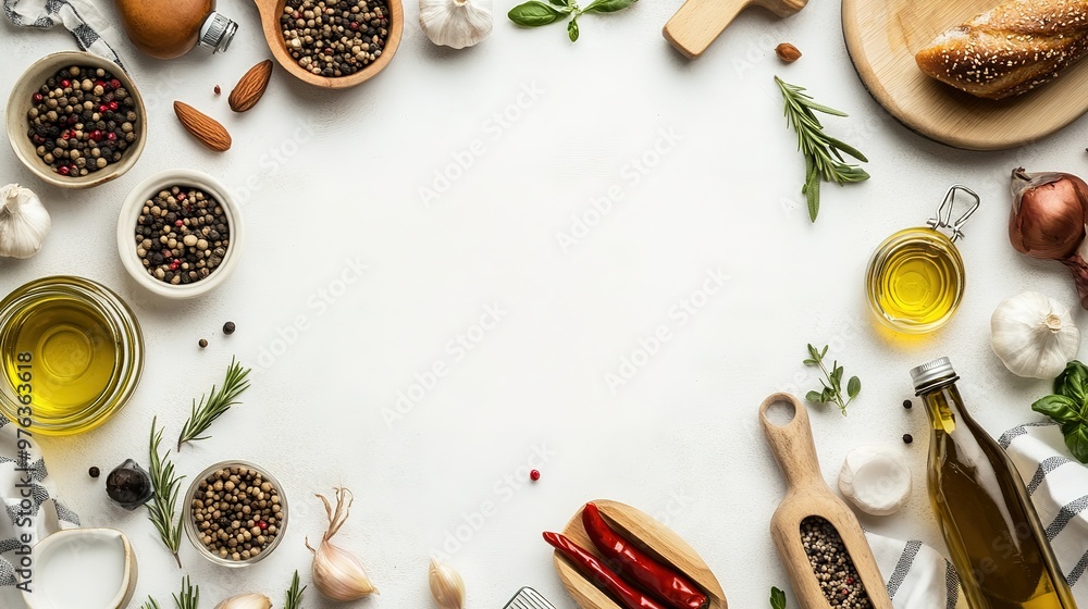 A beautifully arranged flatlay of cooking essentials on a white surface A beautifully arranged flatlay of cooking essentials on a white surface