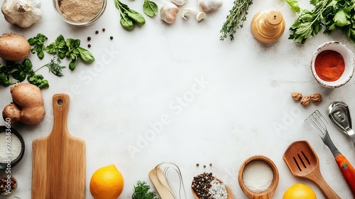 A beautifully arranged flatlay of cooking essentials on a white surface