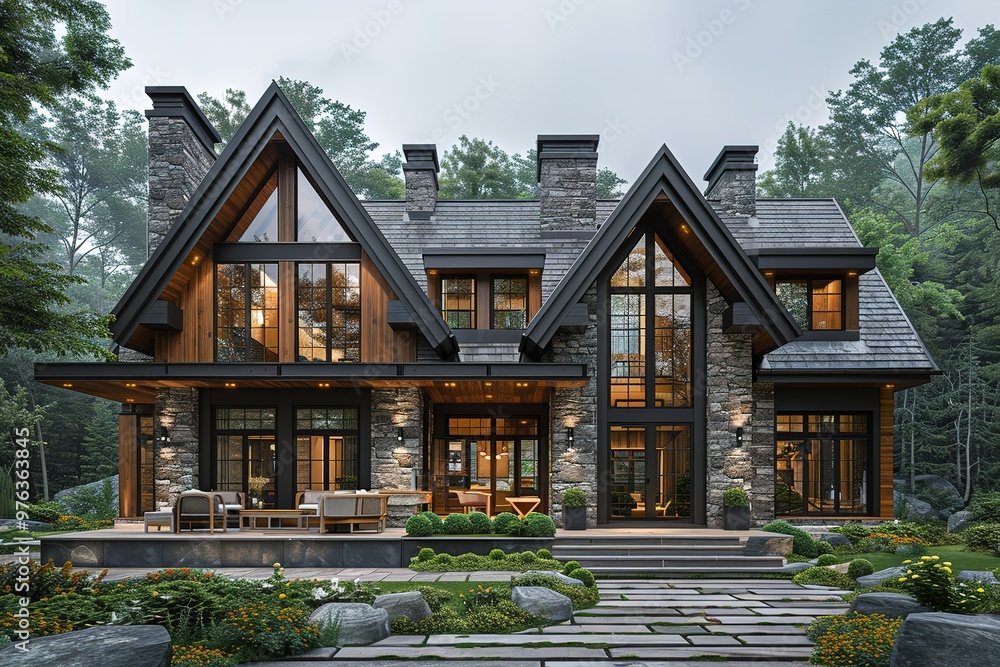 A large house with a stone exterior and a large front porch A large house with a stone exterior and a large front porch