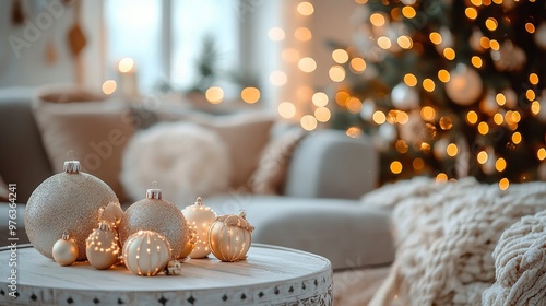 Cozy holiday living room with candles and Christmas tree glowing in soft lights