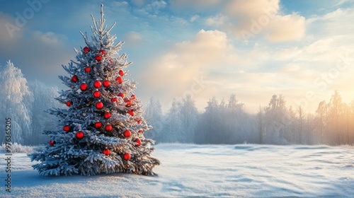 A beautifully decorated Christmas tree surrounded by snowy landscape in a win...