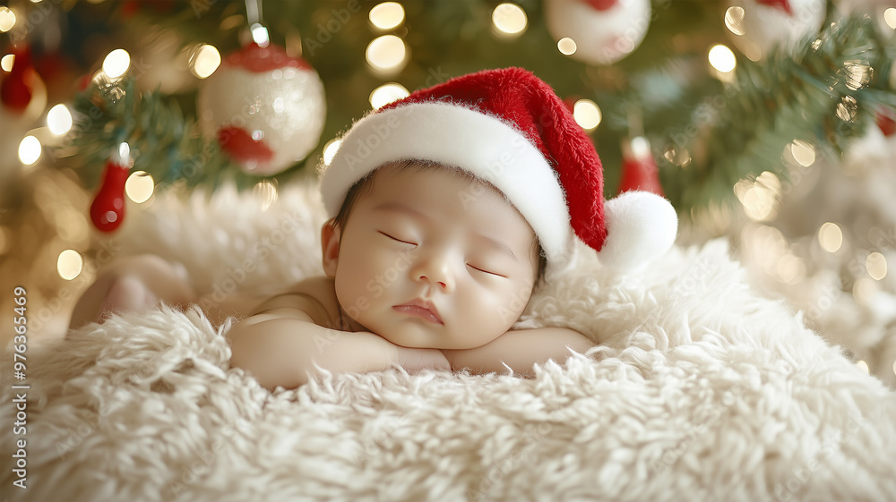 クリスマスツリーの下で眠る新生児 クリスマスツリーの下で眠る新生児