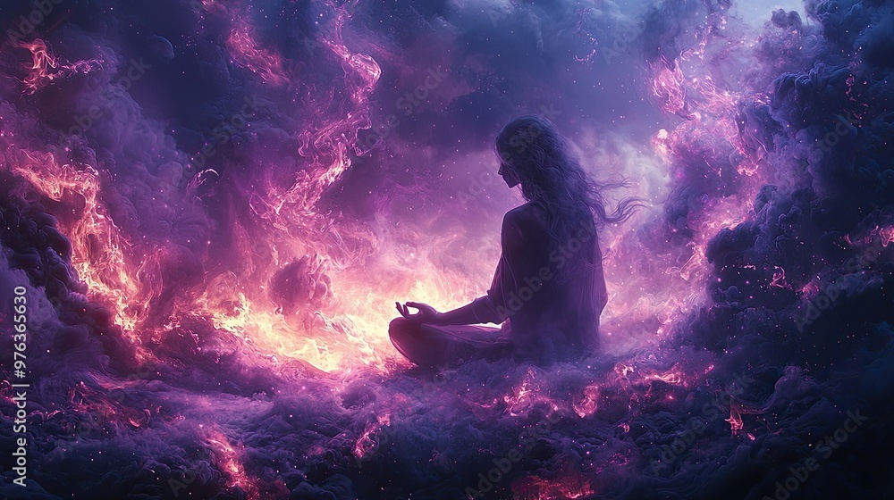 A Serene Figure Meditates Within a Vibrant Cosmic Nebula Filled With Swirling Colors and Light A Serene Figure Meditates Within a Vibrant Cosmic Nebula Filled With Swirling Colors and Light