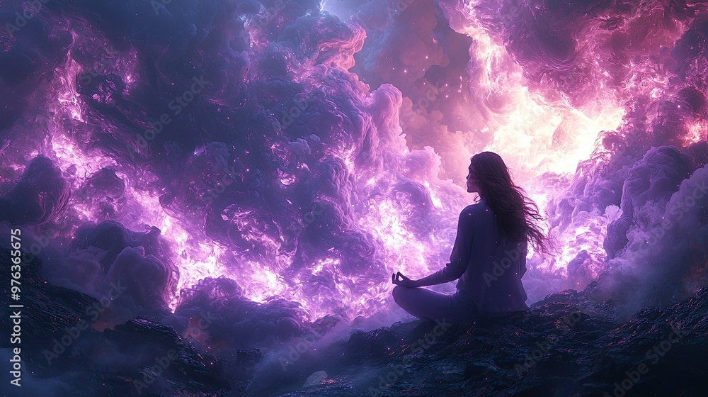 Meditating Person Amidst Swirling Cosmic Clouds in a Vibrant, Colorful Space at Dusk Meditating Person Amidst Swirling Cosmic Clouds in a Vibrant, Colorful Space at Dusk