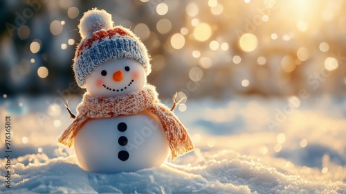 A cheerful snowman with a cozy hat and scarf enjoying a winter day in a snowy...