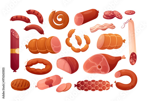 Meat products. Vector icon set of steak, salami, pork bacon, chicken, chorizo, ham, bbq frankfurters sausages, pepperoni. Meat market, butchery menu, shop products, grill bar. Barbecue delicatessen