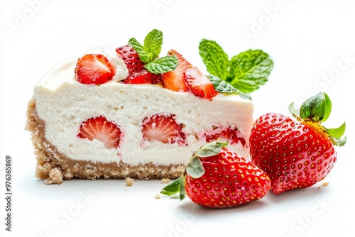 Cheesecake with fresh strawberries and mint isolated on a white background