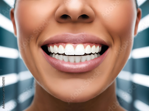 La boca de una mujer mostrando una dentadura perfecta con dientes blancos y saludables
 photo