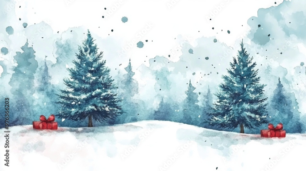 Snowy forest landscape featuring evergreen trees and red berries in winter Snowy forest landscape featuring evergreen trees and red berries in winter