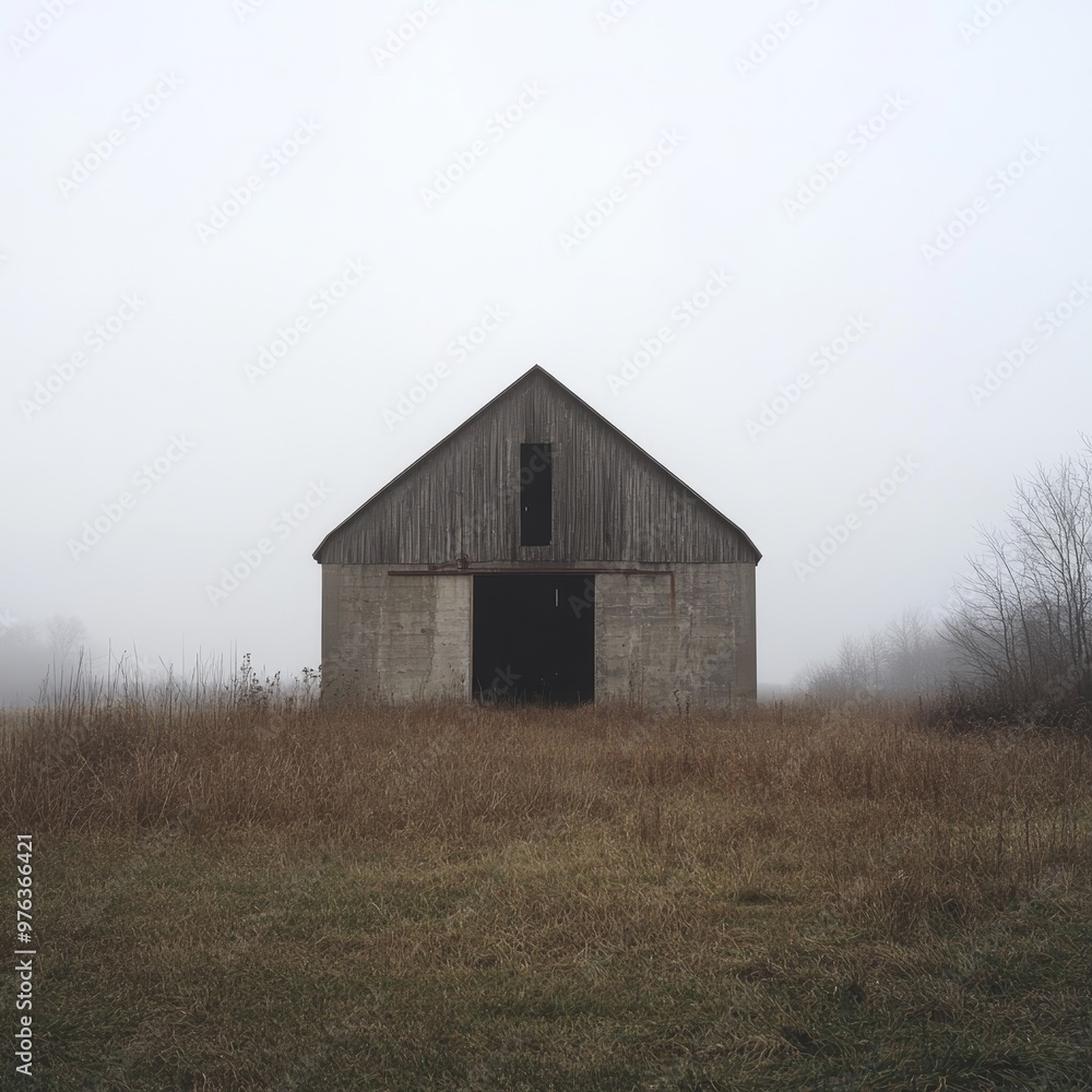 An image of an old barn in the middle of a foggy field. An image of an old barn in the middle of a foggy field.
