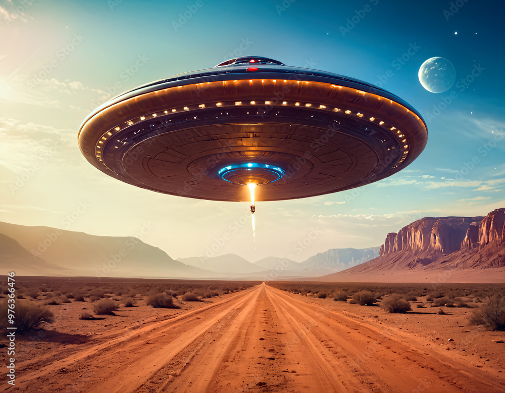 An alien flying saucer soars on the ground. An alien flying saucer soars on the ground.