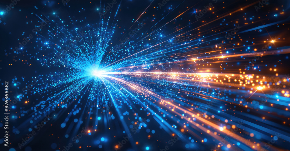 Fototapeta premium Blue technology background with speed lines and glow effect on a dark blue background. Generative AI.