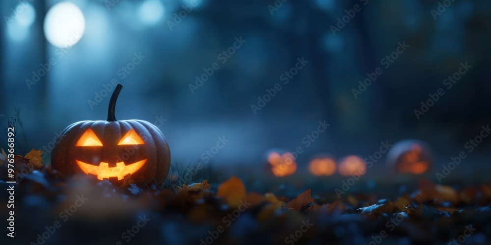 Several Halloween pumpkins are lit up with candles inside them in a dark forest during the night. The spooky, eerie atmosphere encapsulates the essence of Halloween festivities. Several Halloween pumpkins are lit up with candles inside them in a dark forest during the night. The spooky, eerie atmosphere encapsulates the essence of Halloween festivities.