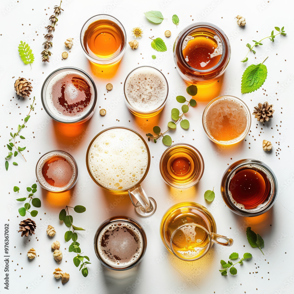 beer craft beer drinks beverages hops herbs leaves glasses foam top view cold amber golden dark beer assortment tasting variety brewed fermentation beer craft beer drinks beverages hops herbs leaves glasses foam top view cold amber golden dark beer assortment tasting variety brewed fermentation