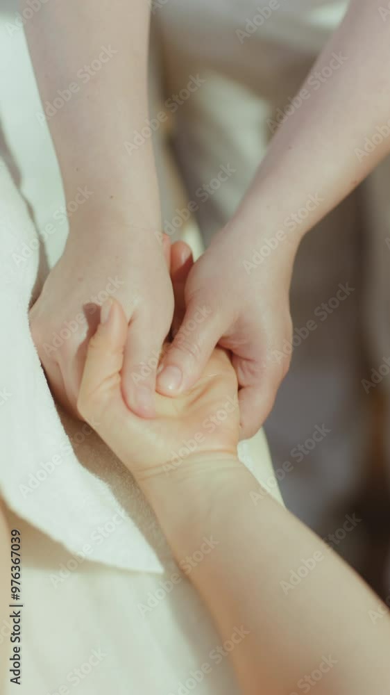 Healthcare time. Closeup on medical massage therapist in spa salon massaging clients hand. Healthcare time. Closeup on medical massage therapist in spa salon massaging clients hand.