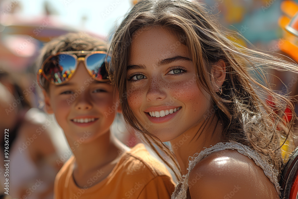 Fototapeta premium A family enjoying a day at an amusement park, with excitement and joy evident on their faces as they ride roller coasters. Concept of family fun and entertainment.