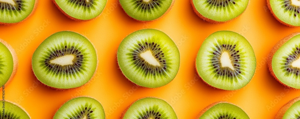Sliced kiwi fruit pattern on vibrant orange background, fresh and healthy food concept Sliced kiwi fruit pattern on vibrant orange background, fresh and healthy food concept