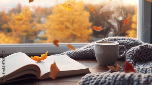 ミニマルな秋のデスクとコーヒー