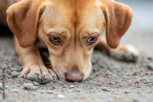 Puppy sniffing small pebbles on the ground