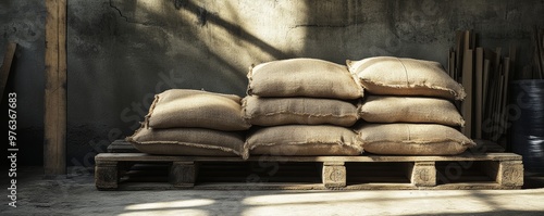 Sacks of grain stacked on wooden pallet in warehouse, rustic storage concept photo