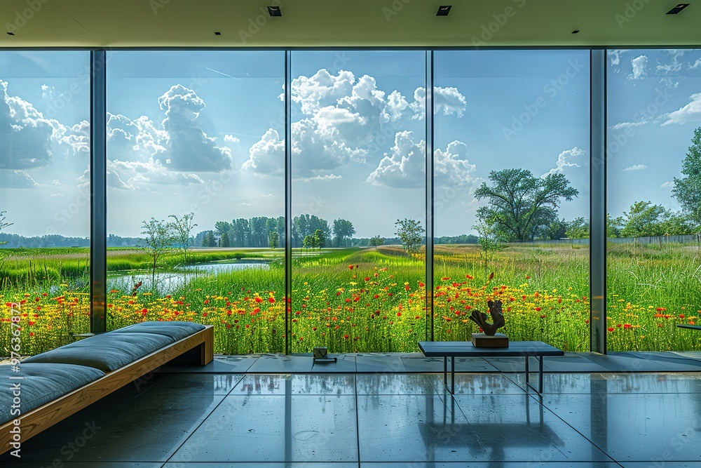 Fototapeta premium A large window overlooks a field of flowers