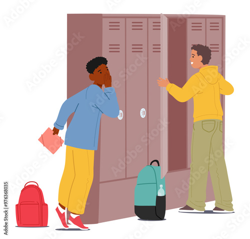 Schoolchildren Enjoying Break In The Hallway With Lockers And Backpacks Visible. Student Boys Characters Whispering