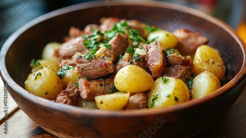 Hearty meat and potato dish served in a rustic bowl with fresh herbs on a woo...