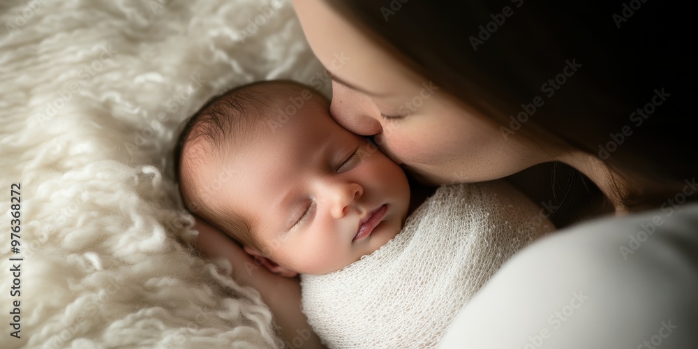 A tender moment of a mother kissing her newborn baby, who is wrapped in a soft, white blanket, capturing the essence of maternal love and bonding. A tender moment of a mother kissing her newborn baby, who is wrapped in a soft, white blanket, capturing the essence of maternal love and bonding.