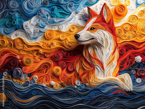 Japanese Akitainu Colorful Paper Quilling Portrait photo