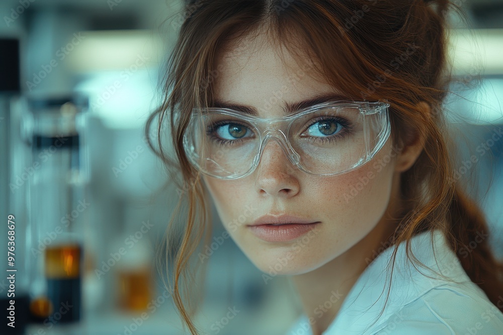 A young woman in safety goggles gazes intently into the camera, surrounded by scientific equipment in a state-of-the-art laboratory. A young woman in safety goggles gazes intently into the camera, surrounded by scientific equipment in a state-of-the-art laboratory.