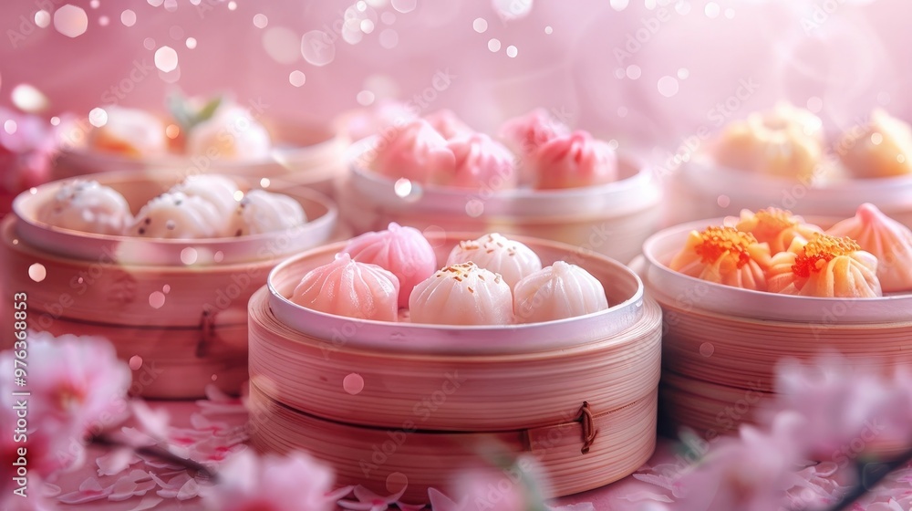 Soft fluffy steamed buns with a delicate powdery surface arranged in elegant bamboo baskets showcasing the beauty and tradition of Asian cuisine Soft fluffy steamed buns with a delicate powdery surface arranged in elegant bamboo baskets showcasing the beauty and tradition of Asian cuisine