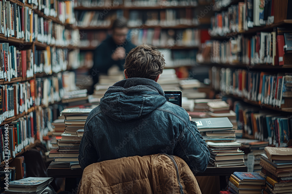 A student participating in a virtual study group via laptop, surrounded by textbooks. Concept of online collaboration and learning. A student participating in a virtual study group via laptop, surrounded by textbooks. Concept of online collaboration and learning.