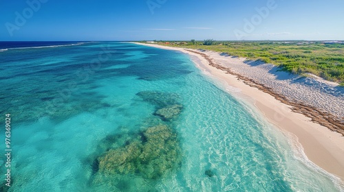 Tranquil Caribbean coastline with clear turquoise waters and sandy shoreline ...