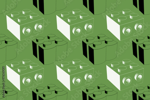 White and black inking blocks on green seamless pattern