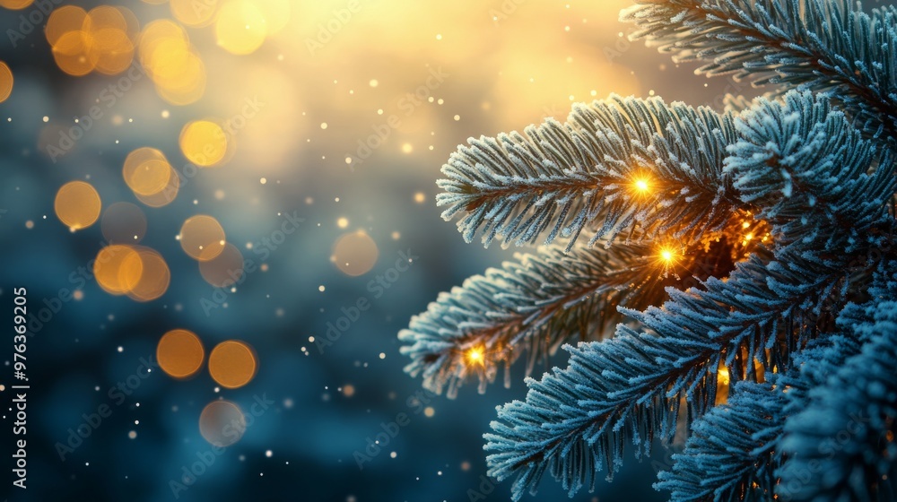 Snow-covered pine branches adorned with glowing lights during winter evening festivities Snow-covered pine branches adorned with glowing lights during winter evening festivities