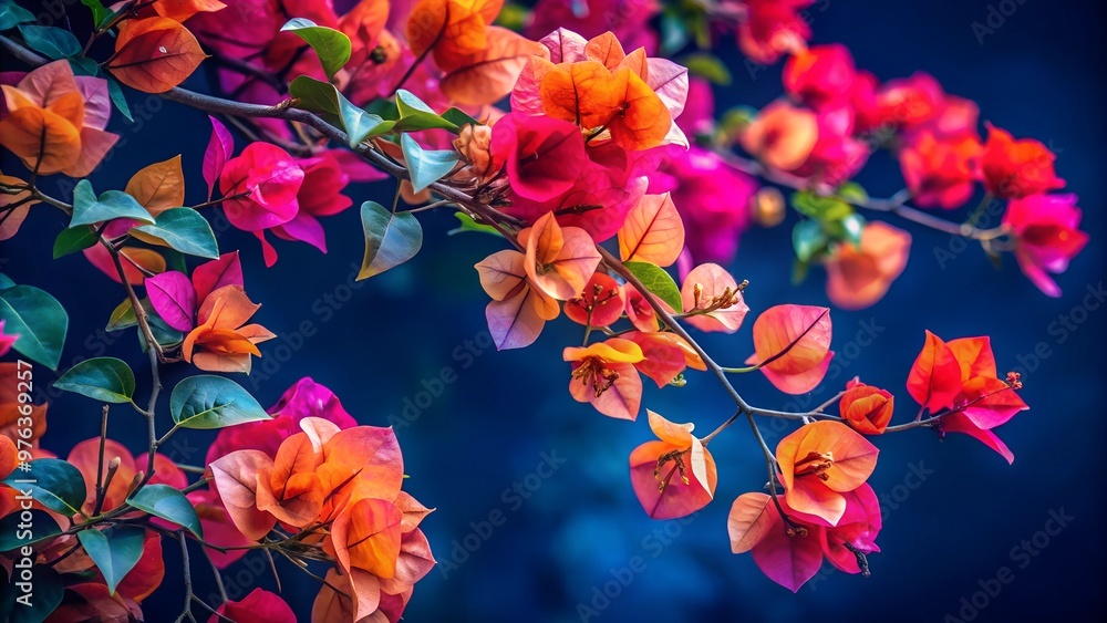 High-Quality Bougainvillea Red, Pink, and Orange Flowers on Navy Blue Background - 4K Wallpaper with Bokeh Effect High-Quality Bougainvillea Red, Pink, and Orange Flowers on Navy Blue Background - 4K Wallpaper with Bokeh Effect