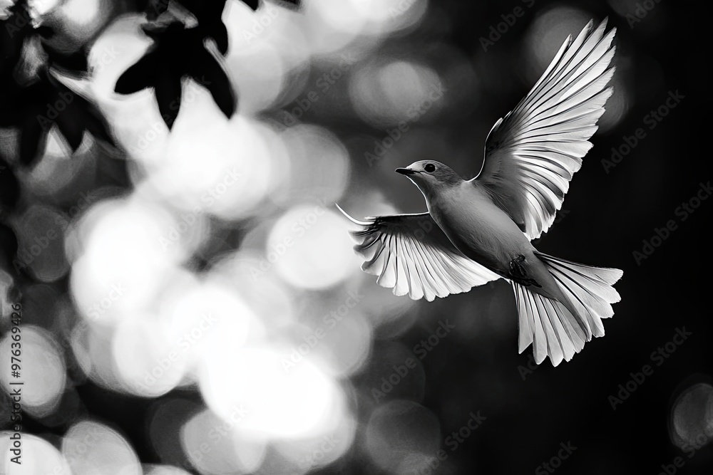 Fototapeta premium A Bird in Flight Soaring Through a Blurred Forest Background on a Bright Sunny Day