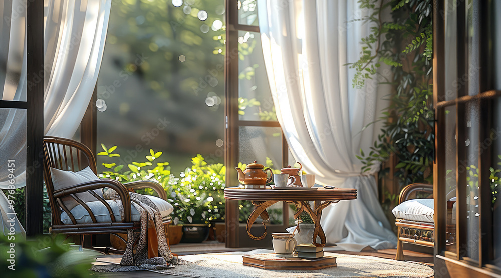 An outdoor lounge area with antique wooden chairs, a table set for tea and soft lighting, surrounded by white curtains and greenery outside the window. Generative AI. An outdoor lounge area with antique wooden chairs, a table set for tea and soft lighting, surrounded by white curtains and greenery outside the window. Generative AI.