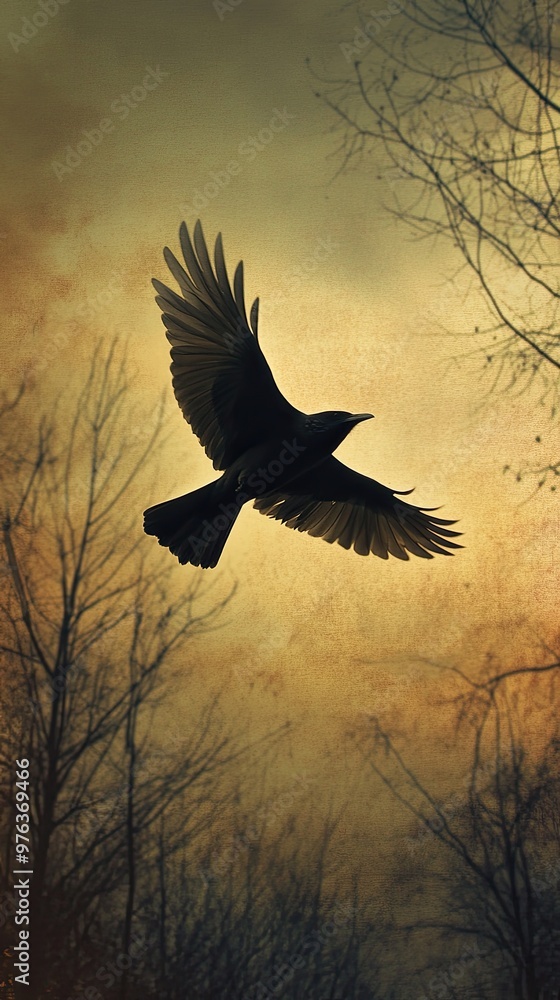 Fototapeta premium A Silhouette of a Bird Soaring Against a Sunset Sky Amidst Barren Trees in Twilight